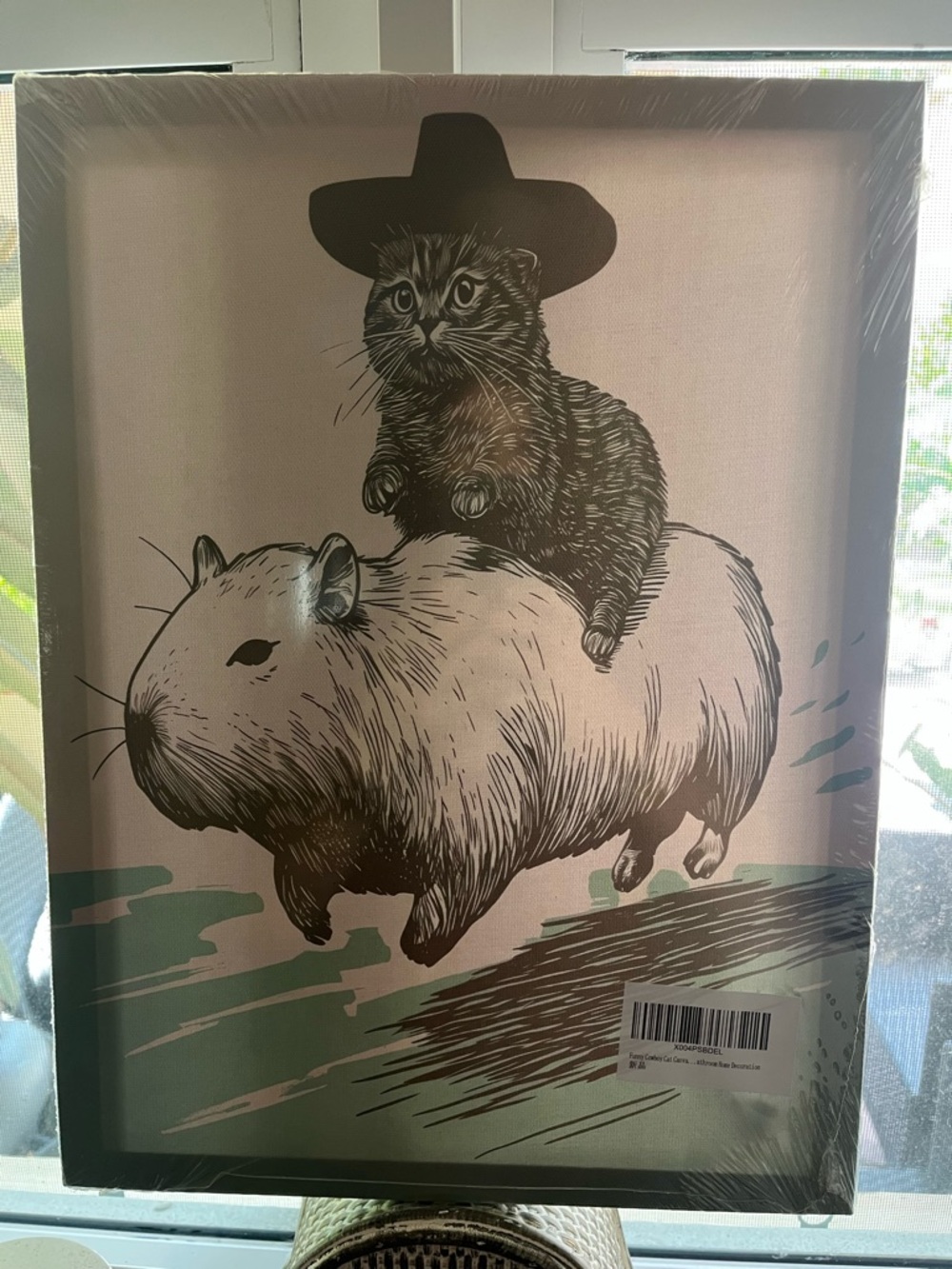 Whimsical Cat Riding Capybara Wall Art - Black & Cream Illustration